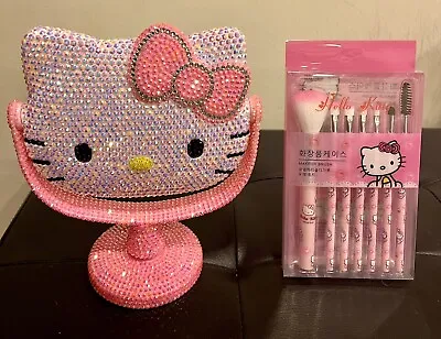 Hello Kitty Cute Rhinestone Makeup Table Vanity Mirror & 7 Piece Brush Set Gift • $25.95