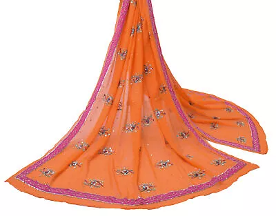 Sushila Vintage Orange Dupatta Pure Georgette Silk Hand Beaded Long Wrap Scarves • $27.99