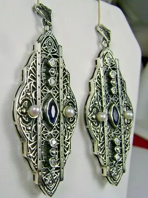 Sapphire Sim & Pearl Sterling Silver Art Deco Filigree Long Earrings (Custom)E30 • $69