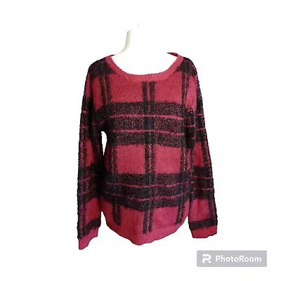 New Look Red Black Tartan Check Shaggy Knit Jumper Knitwear  Size 12 Womens • £12