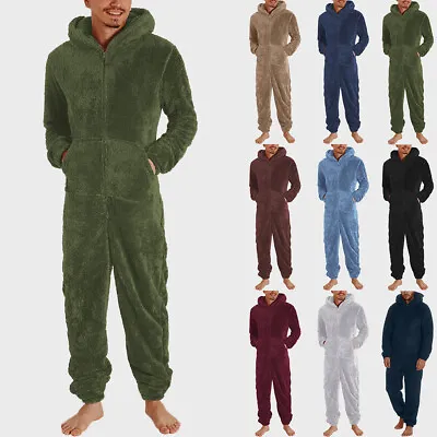 Mens Teddy Bear Fleece 1Onesie Hooded Jumpsuit Dressing Gown Bathrobe Nightwear • £22.99