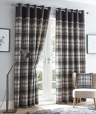 Orleans Tartan Check Eyelet Ready Made Lined Curtains Or Cushion Cover Pr Grey • £9.99