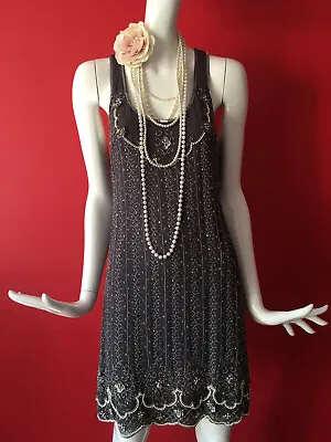 Oasis Vintage Style Grey Flapper 1920s Gatsby Beaded Sequin Dress Size 14 BNWT • £74.95