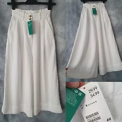 Ladies BNWT H&M White High Waist Flared Wide Leg Trousers Size 8 UK EUR 34 • £12.50