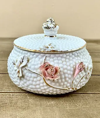 Vintage Round Trinket Vanity Box Hobnail Style And Roses Porcelain Lovely!!! • $24.98