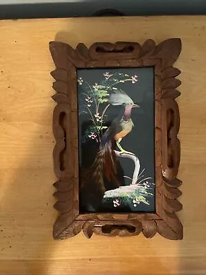 VTG Mexican Feather Art Bird Painting In Carved Wood Frame 9” Tall X 6” Across • $21