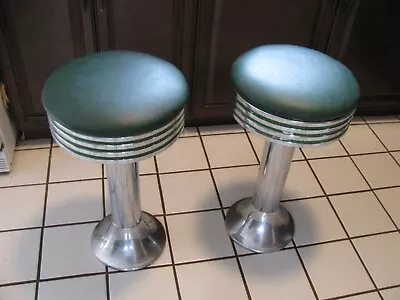 Vintage Two Bar Ice Cream Parlor Stools 24” High GREEN Soda Fountain • $149
