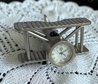 Miniature Collectors Novelty Clock Bi Plane Silver Tone • £12.50
