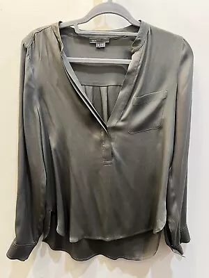 VINCE Silk Blouse Size 8  Gray/Green Collar Popover Long Sleeve • $13.97