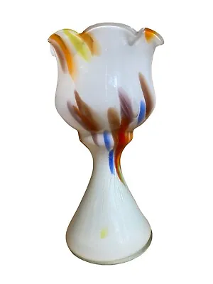 ART GLASS Milk Glass Vase Goblet Multicolor  Splatter Unique • $6.99
