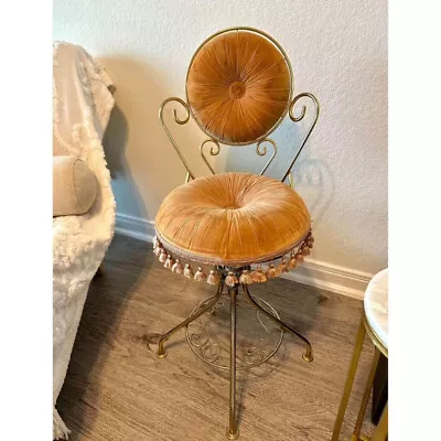 1960s Vintage Brown Mustard Velvet Vanity Chair With Tassels Retro Hollywood Reg • $250