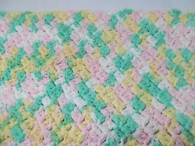 Vtg Knit Crochet  Baby Bed Crib Blanket 50x50 Scallop Edge Pink Green Yellow • $26.98