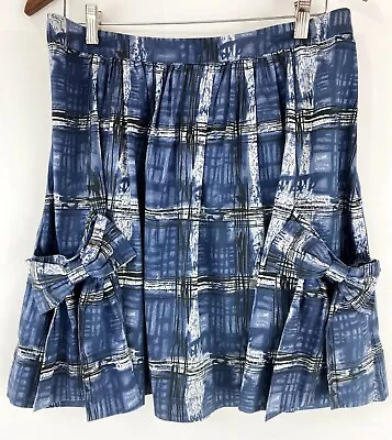 Anthropologie Skirt Lil Size 12 Blue Watercolor Plaid Pockets & Bows • $15.95
