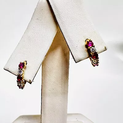 Vintage 14k Yellow Gold Ruby And CZ Half Hoop Pierced Huggie Earrings • $199.95