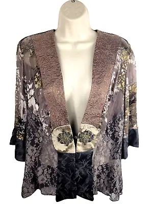 Y2K Kimono Cardigan Jacket S Taupe Gray Lace Velvet Burnout Asian Rayon Toggle • $18.88