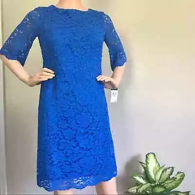 Lauren Ralph Lauren Portuguese Blue Floral-Lace Scalloped Elbow-Sleeve Dress 4P • $49