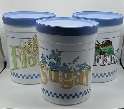 Vintage Plastic Canister Set Flour Coffee Sugar Blue Lids • $19