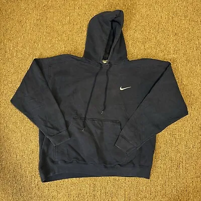 Vintage 90s Nike Embroidered Swoosh Made In USA Check Navy Blue Hoodie Size XL • $47.99