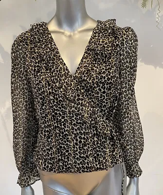 $17.02 • Buy Ladies Wrap Blouse Top Size 8 18 & 22 Long Sleeve Leopard Print Ruffle HM69