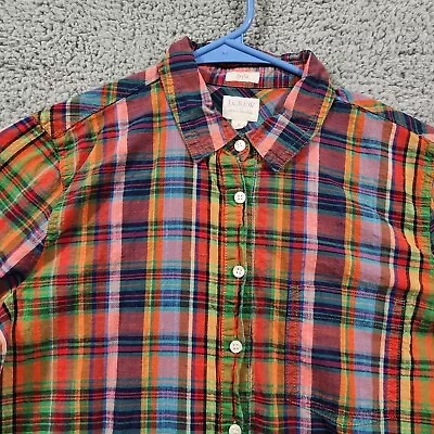 J CREW Shirt Boy Fit Womens Small Orange Multicolor Plaid Flannel Pocket Buttons • $16.99