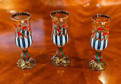 McKenzie-Childs * Set Of 3 * Goblet Gold Striping Hand Painted Flowers • $270