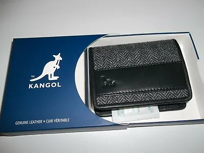 KANGOL Black Leather HARRY Gray Herringbone Tweed Mens BIFOLD WALLET $65 NEW • $29.69