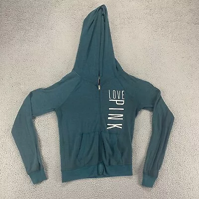 $12.99 • Buy Victorias Secret Pink Hoodie Women Small Blue Full Zip Sweatshirt Love Pockets