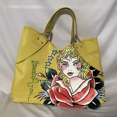 Vtg Ed Hardy Pin Up Tattoo Tote Bag Purse Handbag Bright Yellow 19”x 14 Y2K • $19.99