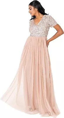 Maya Deluxe Bridesmaid Maxi Dress UK16 Short Sleeve Sequin Evening Ball Gown • £26