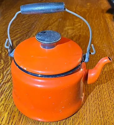 Orange Enamel Tea Pot Teapot Vintage Retro Mid Century Wooden Handles • $14.95