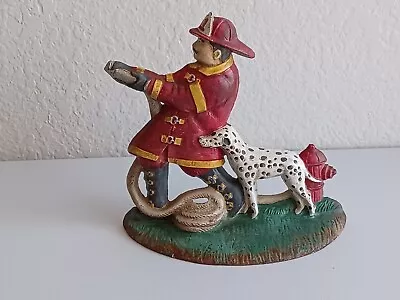 FIREMAN & DALMATIAN Cast Iron Doorstop Midwest Of Cannon Falls ~ Preowned • $25