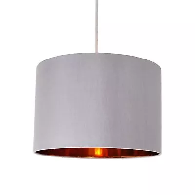 Modern Grey Faux Silk Drum Ceiling Light Shade Easy Fit Pendant W/ Copper Inner • £12.99