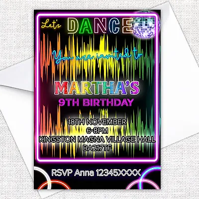 Personalised  DISCO DANCE NEON GLOW BIRTHDAY Party Invitations Disco Invitation • £4.40