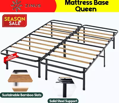 Foldable Mattress Base With Bamboo Slats QUEEN Bed Frame 350kg Metal Platform • $67.99