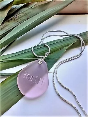 Engraved Inspirational  HEALTH  Pink Sea Glass Pendant Snake Chain Necklace • $13.99