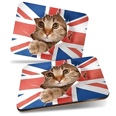 2x MDF Cork Placemat 29x21.5cm Union Jack Flag Cute Cat United Kingdom #8272 • £19.99