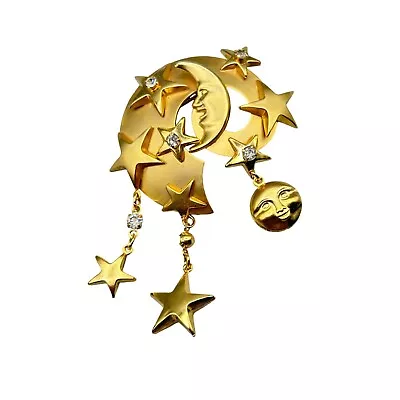 Vintage Celestial Pin Brooch Moons Stars 80s 90s Matte Gold Tone Costume Jewelry • $25