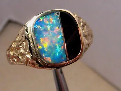 Men' S Opal And Obsidian  Ring  Solid 14 K Gold  Brilliant Gem Opal • $1300