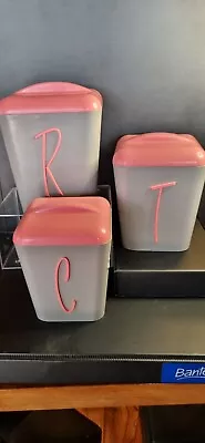 Vintage Gay Ware Canister Set Of 3 - Grey & Pink - Rice Tea Coffee.  • $69