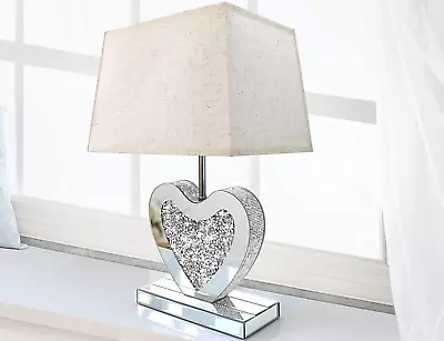 Mirrored Table LampHeart Shaped Crystal Diamond Silver Mirror Beige • $79.99