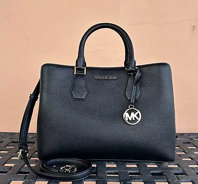 Michael Kors Camille Large Satchel Shoulder Crossbody Leather Bag Black • $159.88