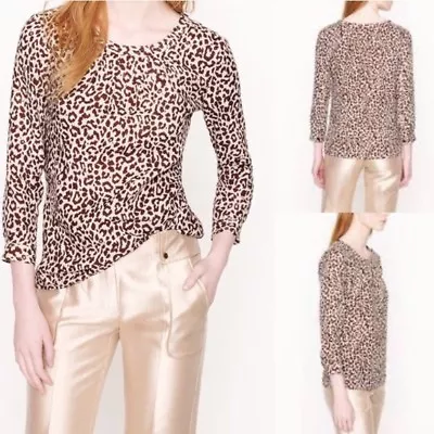 Women's J Crew Linen Safari Cat Animal Print Long Sleeve Tessa Top Blouse Sz 2 • $15.75