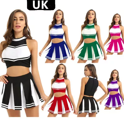 UK Women Cheerleader Uniform Schoolgirl Costume Tank Crop Top With Pleated Skirt • £11.46