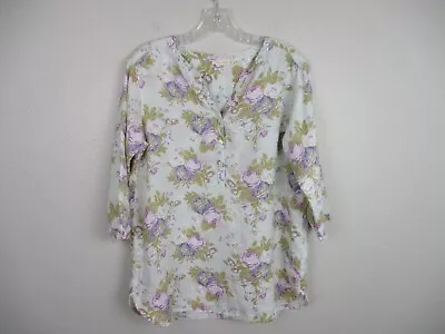 Cabbages And Roses Uniqlo Womens Top Medium Blue Purple Floral Linen 3/4 Sleeve • $21.75