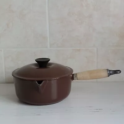 Le Creuset Saucepan Pot Brown Cast Iron Size 18 Lid Wooden Handle Spout • £30