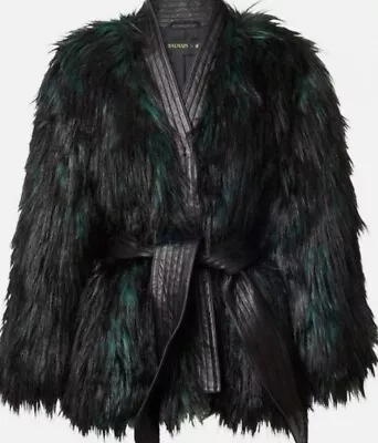 Balmain X H&M Faux Fur Jacket Green/black Size 2. Excellent Condition • $170