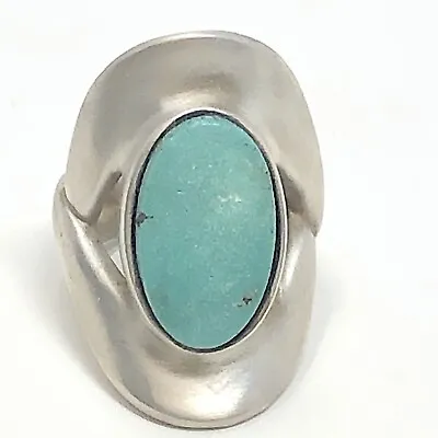 Vtg Turquoise Modernist Ring Sz 6 Matte Sterling Silver 14.8g Estate  • $79.15