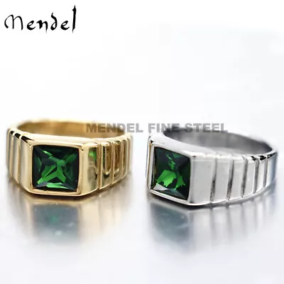 MENDEL Mens Womens Gold Plated Green CZ Stone Ring Men Stainless Steel Size 7-13 • $11.99