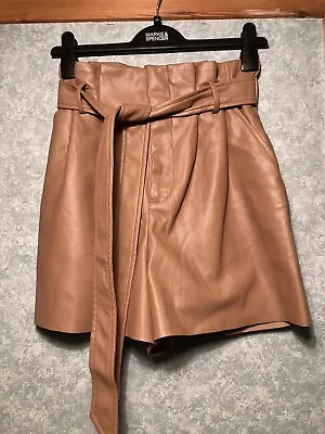 Zara Tan Beige High Waist Faux Leather Shorts Belt Size XS 6 Pockets Bloggers • $12.32