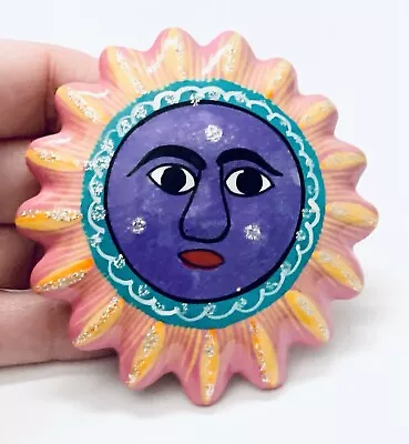 $7.99 • Buy AZTEC SUN FACE Folk Art 3” Refrigerator Fridge Magnet Clay Glaze Glitter